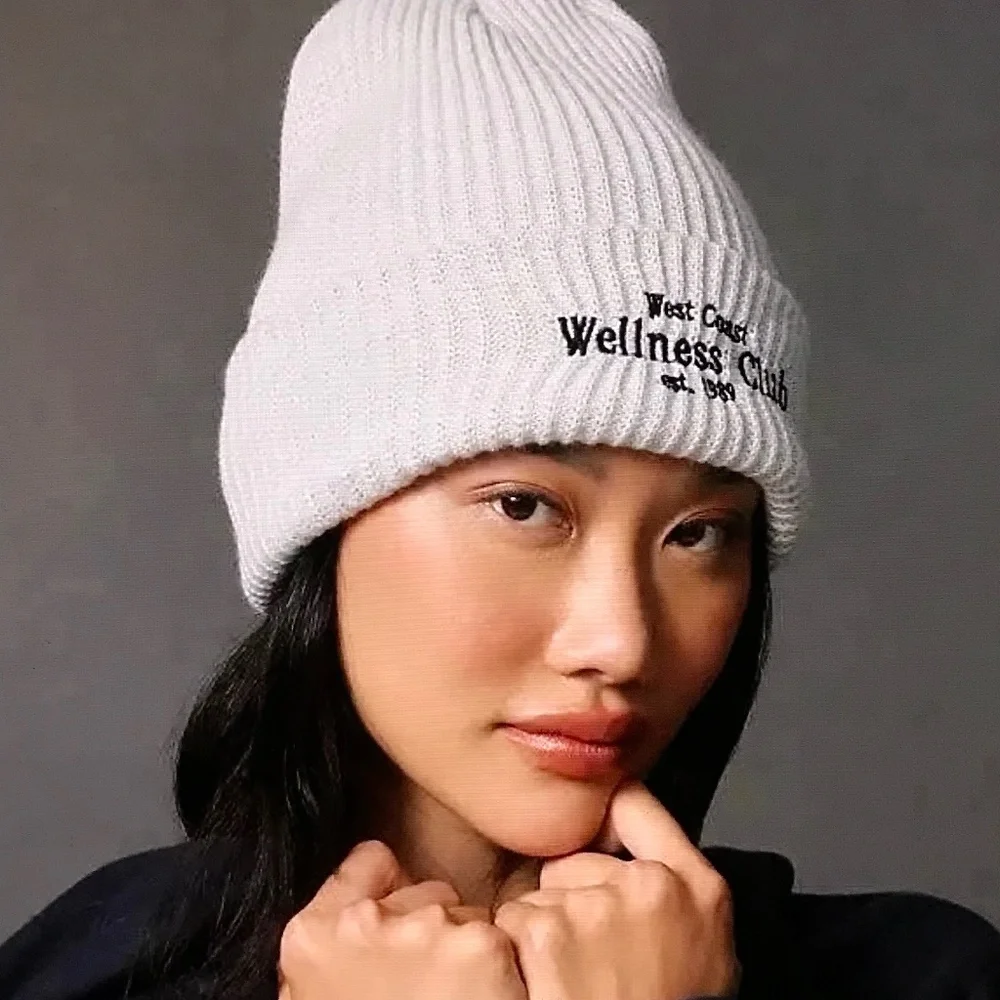 ANTHROPOLOGIE Beanie Hat Daily Practice West Coast Wellness Club Embroidered